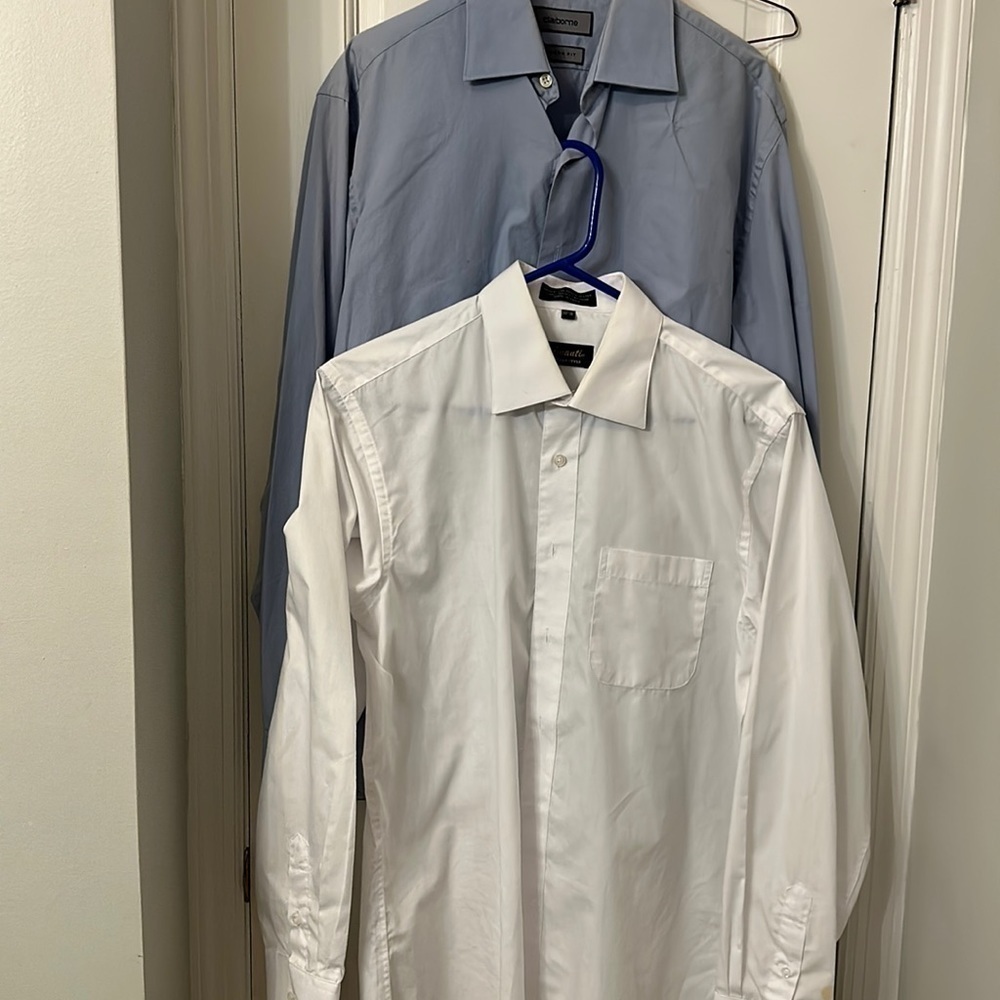 Two men’s like new dress shirts both size15.5 x 34 sleeves cotton